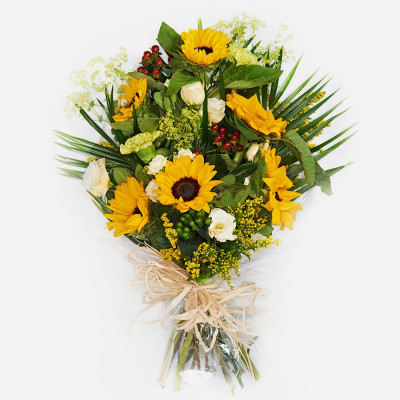 Funeral Flowers in Cellophane - Funeral flowers in cellophane using bright shades of yellow, white and green. Please order with 2 days so that the florist can make sure they have Sunflowers.
