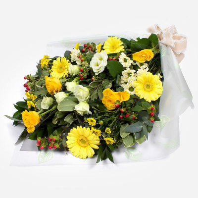 Funeral Flowers SYM-334 - Funeral Flowers in Cellophane. Yellow perfect bouquet to send for a funeral.
